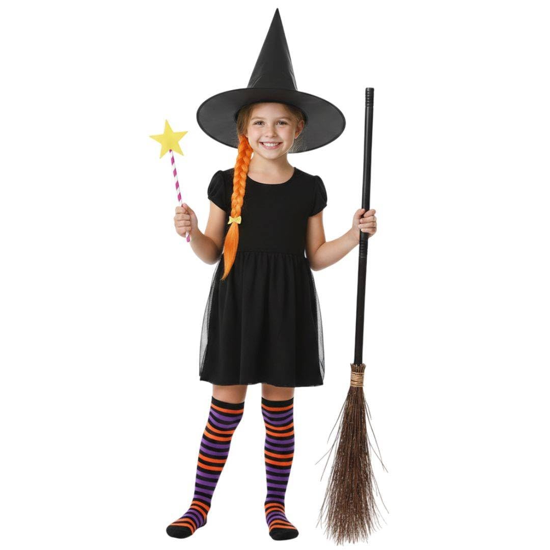 Kids Kind Witch Costume Set with Hat Broomstick Wand and Plait – Storybook Inspired Childrens Magic Costume Accessories for Book Week World Book Day Halloween and Dress Up Parties