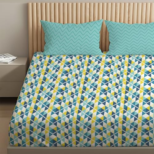 Image of Livspace Cotton Queen Size Bedsheet for Double Bed | 100 inch x 88 inch | 144 TC Flat Cotton Bedsheet with 2 Pillow Covers, Soft & Breathable - Bello Pure Nest Collection (Teal)