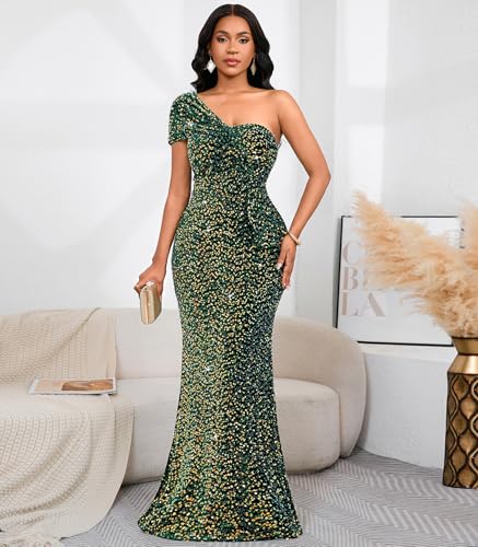 Image of Cololura Women Sexy Sequin One Shoulder Mermaid Formal Party Cocktail Gowns Bodycon Evening Maxi Dress