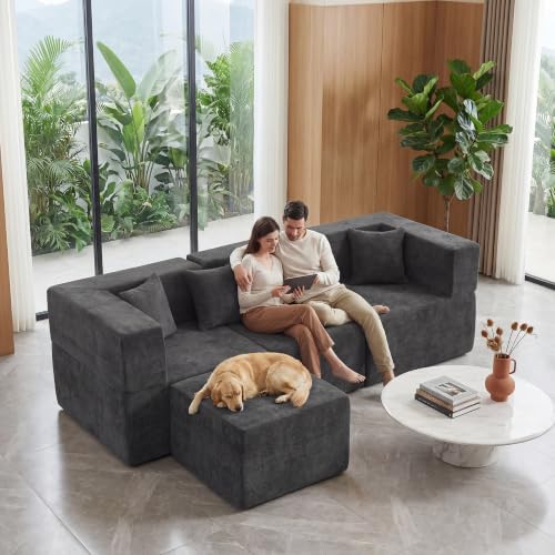 Image of MONVANE 103'' Oversized Boneless Sectional Couches for Living Room, 4-Seat L Shaped Cloud Couch, Modular Sofa with Ottoman & 4 Throw Pillows, Comfy Chenille, No Assembly Required, Gray