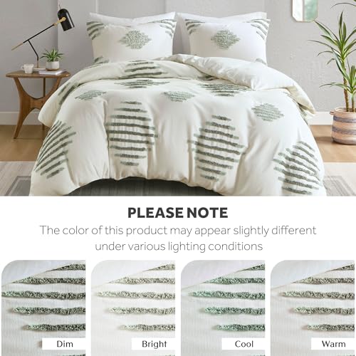 Image of Ink+Ivy Duvet Cover Set Chenille Tufted Geometric Duvet Cover for Queen Size Bed, All Season, Soft & Lightweight Cotton Rich Queen Bedding Cover & Shams, Tahli, Full /Queen Green /Ivory 3 Piece