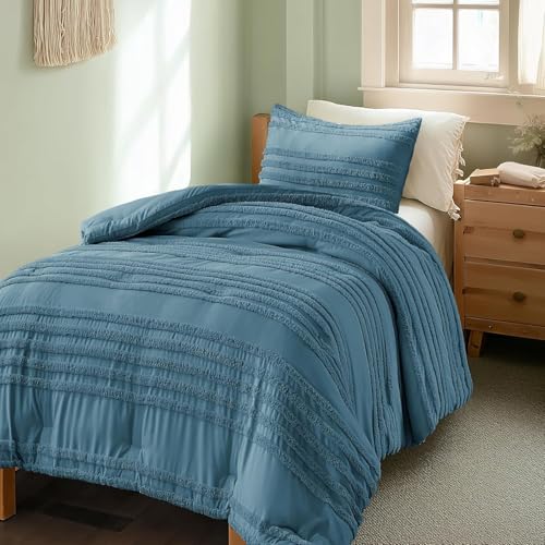 Image of BEDELITE Boho Twin /Twin XL Comforter Set,Dusty Blue Tufted Striped Bed Set 2 Pieces, Soft Vintage Farmhouse Comforter for College, Boho Home Dorm Decor, Fluffy Jacquard Bedding with 1 Pillow Sham