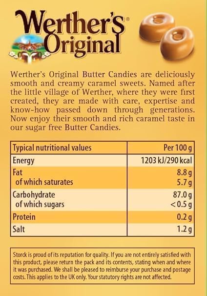 Storck Werther's Original Sugar Free Butter Candies – Caramel Flavour, Imported German Treats, Pocket Pack 42g With Free Flavourito Kunafa Chocolate 20g (Product Of Germany) By Decadent Foods 1