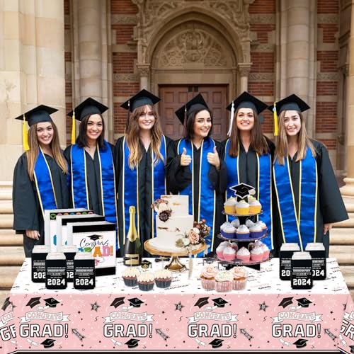 Image of Oigco Graduation Party Decorations, Congrats Grad Graduation Tablecloth for 2026 Graduation Party Supplies, 3 Pack Pink Disposable Plastic Table Cloths, 54 inchx108 inch