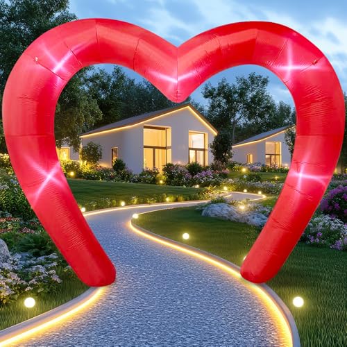 9 * 4.5FT Red Valentine Inflatables Outdoor Decorations Heart Shaped Blow up Inflatable Archway with Build in LED for Indoor Outdoor Party Lawn Yard Garden Anniversary Wedding Decor