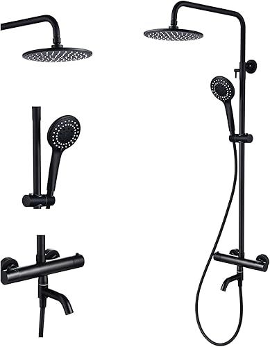 LCyindu Sistema de ducha termostático negro mate, montaje en pared, válvula de ducha termostática de latón de triple función, con cabezal de ducha