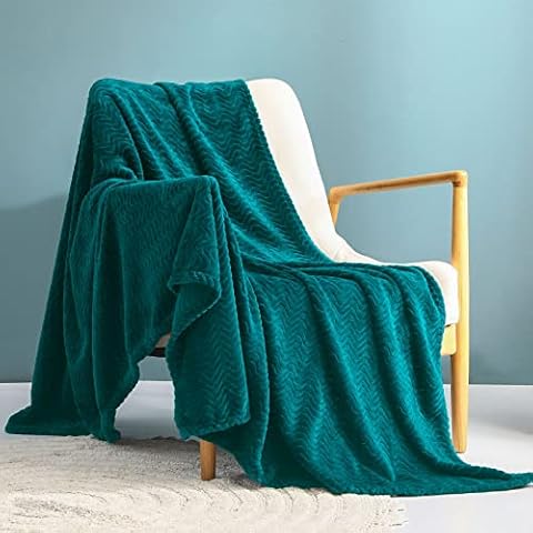 Exclusivo Mezcla Large Flannel Fleece Throw Blanket, 127x178 CM Sofa Throws, Soft Jacquard Weave Wave Pattern Throws for Sofa, Teal Blanket Cover