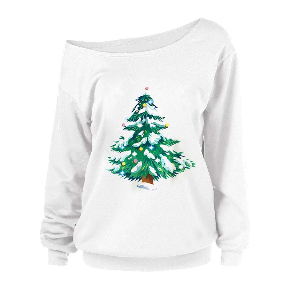Damski świąteczny sweter choinka nadruk z odkrytymi ramionami odzież topy na co dzień bluza bluzka, biały-1, XL