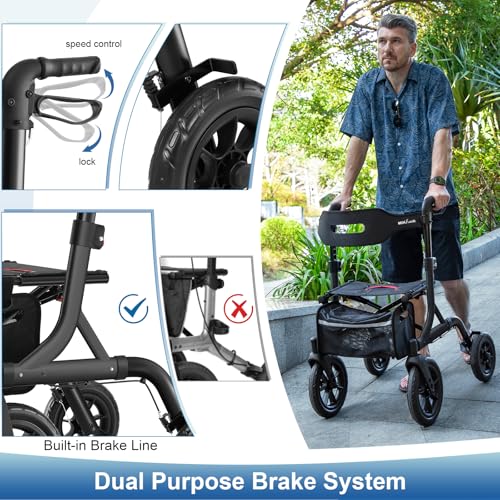 Image of MAXWALK Walkers for Seniors, Foldable Rollator Walker with Seat & Backrest | 12 inch Large All-Terrain Rubber Wheels, Height Adjustable, Aluminum Frame, Cup Holder, Elderly Walking Aid, Easy Assembly, Black