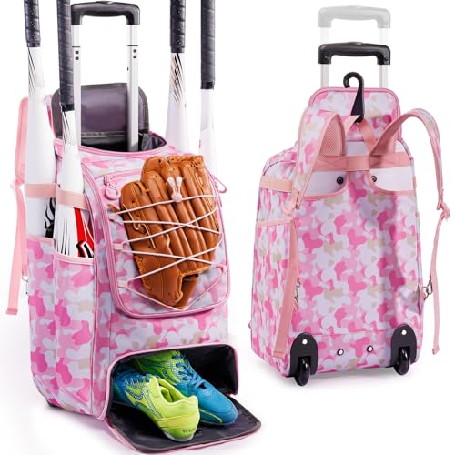 SPORJET Baseball Rolling Backpack with Wheels 2-in-1 Softball Equipment Bag with Shoe Compartment Bat Holders Large Capacity Baseball Gear Bag for Youth Girls Boys Rolling Softball Backpack Gift