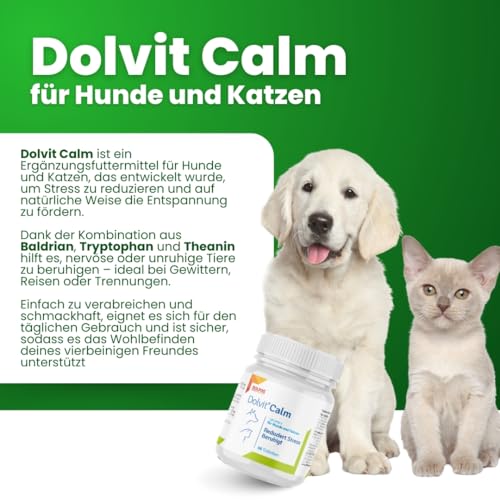 Dolvit Calm Beruhigungsmittel für Hunde und Katzen 30 Tabletten, Entspannungs- & Anti-Stress-mittel für Hunde mit Baldrian, L - Tryptophan und Zitronenmelisse, Schmackhaft und Leicht Enzunehmen