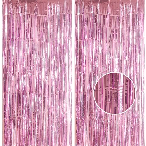 2pcs 3.2 x 8.3ft Glitter Pink Tinsel Curtain Streamers Door Fringe Foil Curtain Backdrop Birthday Party Decorations for Girls Women Hen Do Engagement Graduation Party Decorations Banner Pink