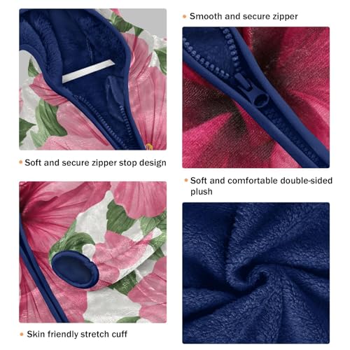 Pink Hibiscus Floral Pattern Toddler Fleece Jacket Girl Boys Hooded Fleece Jacket Coat Warm Outwear Zip-up 3-10T3