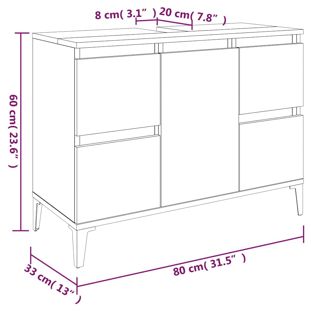 Mobile sottolavabo grigio sonoma, 80 x 33 x 60 cm, con 4 cassetti, anta e piedini in metallo, per mobili da bagno, mobiletto da bagno, mensola e spazio per riporre oggetti