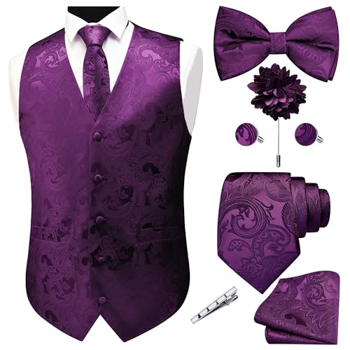 GUSLESON Mens Purple Vest Tie and Bow Tie Set Formal Waistcoat Floral Jacquard Necktie Pocket Square Suit Vests Lapel Pin Wedding Party (0806-05-XXL)