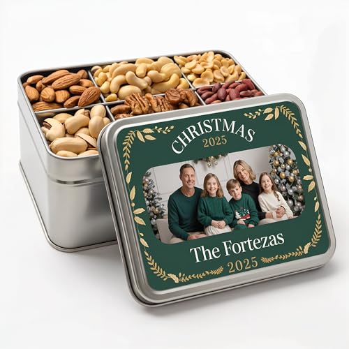 Personalized Nuts Gift Basket, Custom Assorted Nuts Gift Box for Christmas, 6 Sectional Gourmet Mixed Nuts in Rectangle Tin, 2 lbs. (Design 5)