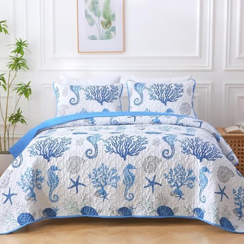 Heymybed Coastal Quilt Set King Size, 3 Pieces Blue Bedspread Coverlet with 2 Pillow Shams, Soft Microfiber Reversible Summer Beach Quilt Bedding Set for All Season 106"×92"