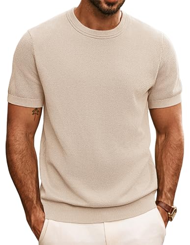 PJ PAUL JONES Mens T Shirt UK Crew Neck Knitted Tee Shirt, Classic Tshirt Short Sleeve Apricot M