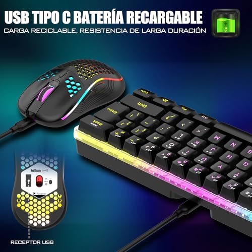 RedThunder Teclado Mecánico Inalámbrico Gaming 60%,Retroiluminación RGB Dinámica,Ratón Celular Ligero de 3200 dpi,Teclado Ultra-Compacto 62 Teclas Anti-ghosting,Disposición QWERTY ES,para PC/PS5/Xbox - imagen 6
