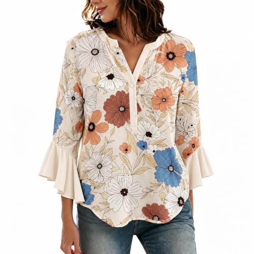 Boho Floral Printed Ruffle Bell Sleeve Tops Casual V-Neck Blouses - image 1
