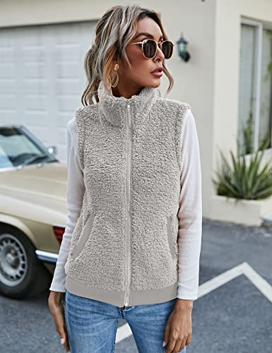 LOMON Womens Fuzzy Fleece Vest, Casual Warm Sleeveless Zip Up Sherpa Vest Jacket with Pockets for Fall/Winter3