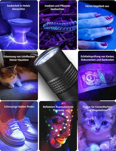 Lepro UV Taschenlampe, 365nm UV Lampe mit Clip, Batteriebetrieben Schwarzlicht Taschenlampe, Vielseitig & Tragbar Bernstein Lampe für Lecksuche, Haustierurin und Falschgeld-Erkennung