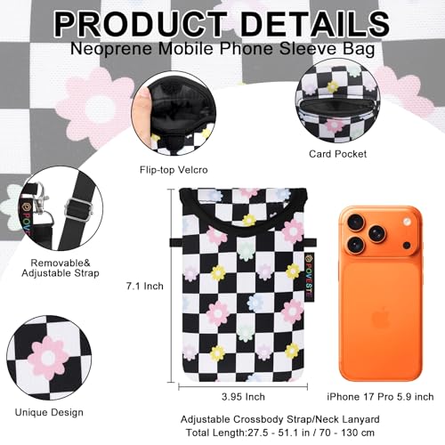 Image of POVESTE Neoprene Cell Phone Sleeve Pouch Case Bag with Crossbody Strap Lanyard for Women, Flap Closure Secure Cell Phone Bag with Pocket for Cards, Cash. (Checkerboard&Daisy)