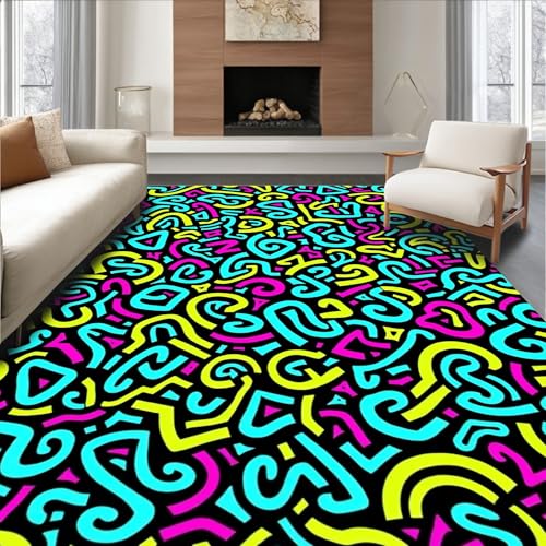 ODIKA Flatwoven High Traffic Area Rug 6x9, Nostalgic Eighties Graffiti