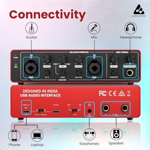 Image of Audio Array AI-04 HD 2x2 Gen 3 Audio Interface | Premium Mic Pre-Amps | 48V Phantom Power | 24bit /192kHz Hi-Fi Recording | XLR /MIC /LINE inputs | Plug & Play-No Drivers | 2 in 3 out | Metal Body | Red