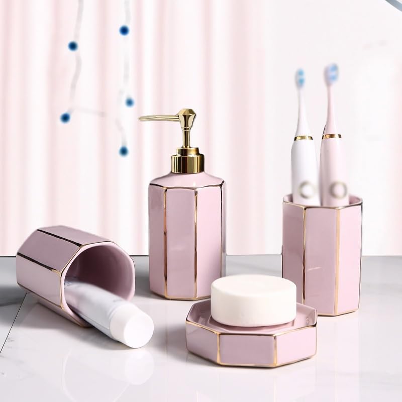 Gold Ceramic Bathroom Wash Set Mouthwash Cup Hand Sanitizer Bottle Toilet image 3