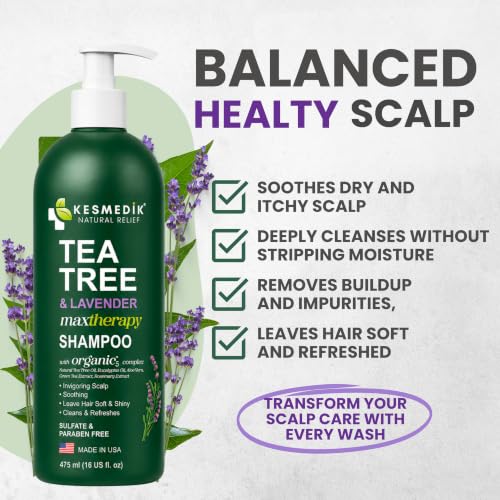 Image of KESMEDIK Tea Tree Lavender Eucalyptus Shampoo MaxTherapy with 100% Tea Tree Oil for Hair, Deep Cleans Oily Hair, Dandruff & Buildup, Refreshes Itchy Scalp, Sulfate-Free, Women & Men, 16 fl oz