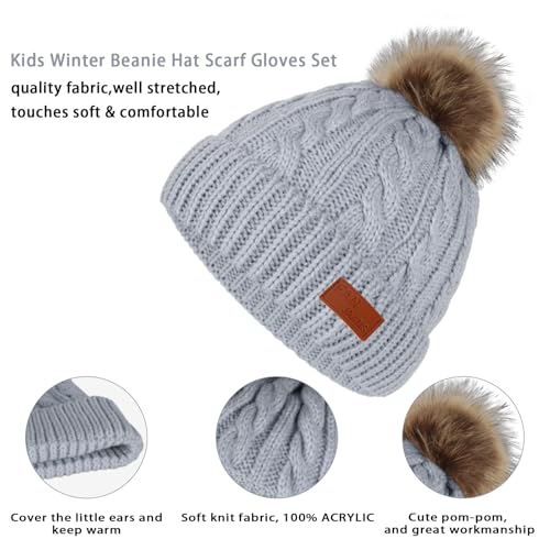 Image of Kids Hat Scarf Gloves Set, Kids Winter Beanie Hat Scarf Gloves Set with Knit Thick Warm Fleece Lined for 1-6 Years Old