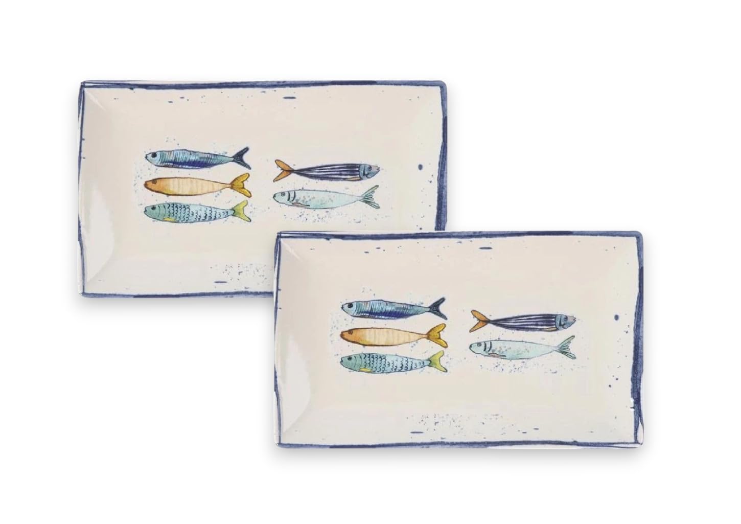 Assiettes au design méditerranéen avec motif de sardines | Assiettes de table maritimes (26 cm), assiettes à soupe (21 cm) ou assiettes à dessert (20 cm) - robustes, en grès, finition lisse (lot de 2