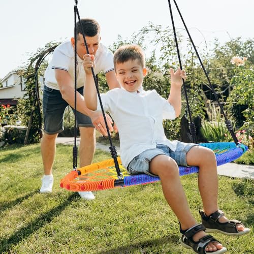 Image of Trekassy 750lbs 40 inch Spider Web Saucer Tree Swing for Kids Adults, Outdoor Net Swing with Steel Frame and 2 Hanging Straps-Rainbow (Patented)
