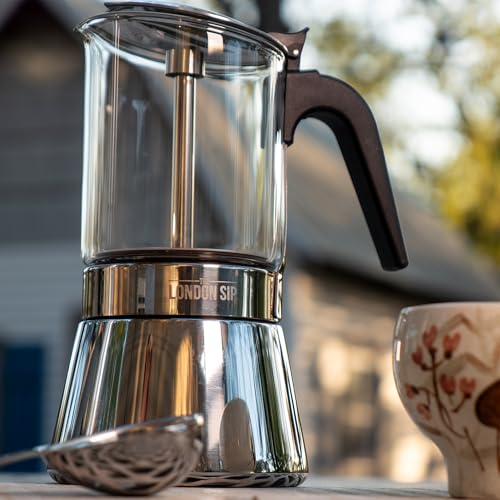 Image of The London Sip Glass and Stainless Steel Stovetop Espresso Maker, Moka Pot Italian Coffee Percolator, Large (15.2 oz)
