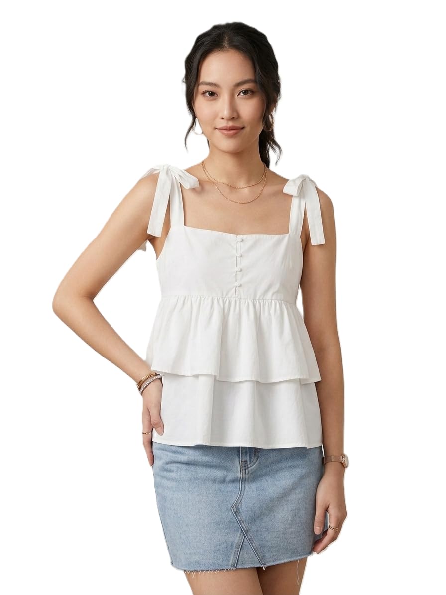 Women's White Tiered Top, Square Neck, Tie-Shoulder Straps, Button Front-picture-16