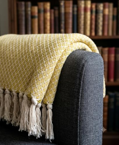 Image of HAKAM Mint Green Jacquard Pure Cotton Throw for 3 Seater Sofa with Tassels | 182x248 cm | Vintage Throw for Sofa, Bed, Chair & Travel - Ideal for All Season | Pack of 1 - VR (Yellow, 127X203 cm)