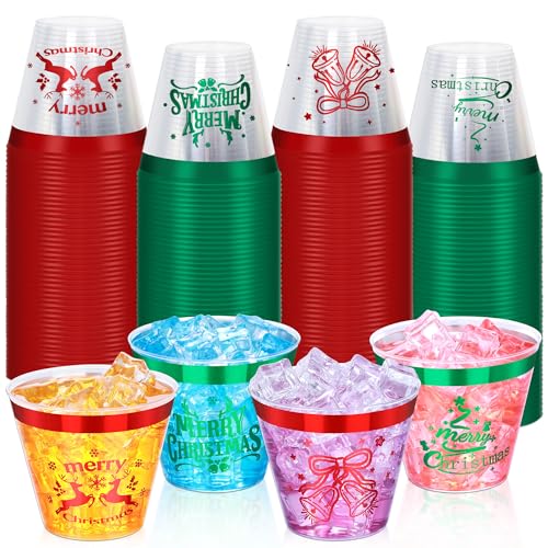 Image of 100 Pcs Christmas Party Cups,9Oz Merry Christmas Plastic Cups,Heavy Duty Christmas Tree Bell Deer Clear Disposable Plasitc Tumblers Wine Cup for Xmas Party,Holiday,Birthday