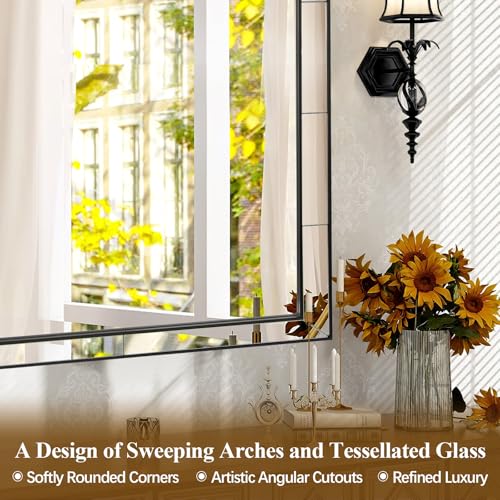 Image of MOON MIRROR Arched Mirror for Bathroom, Bathroom Mirrors for Over Sink, 26x38 inch Matte Black Non-Rusting Vanity Mirror in Delicate Tessellated Glass Design