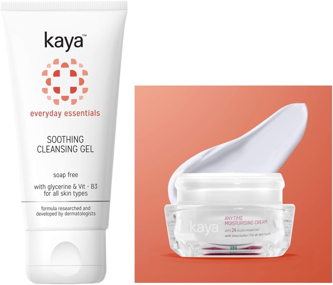 Kaya Clinic Soothing Cleansing Gel, White, Soap free & gentle face wash for everyday use, 50 ml And Kaya Clinic Anytime Moisturising Cream, Shea and Kokum butter enriched moisturizer, 50 ml