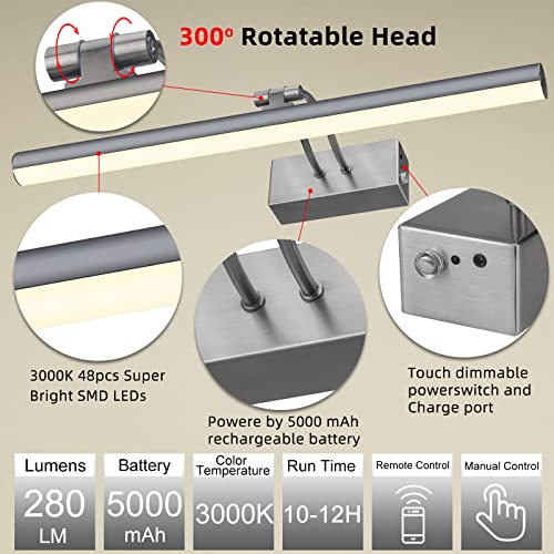 Image of RAIFOOLLY Picture Light,Picture Lights for Wall Cordless,Picture Lights with Timer and Dimmable,Battery Wall Lights for Display Gallery Painting Art Frame Portrait-Black Steel