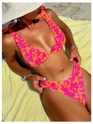 GORGLITTER Women's Floral Bow Triangel Bikini Set Summer Swimsuit High Waisted Smocked Beach Bathing Suit 20254