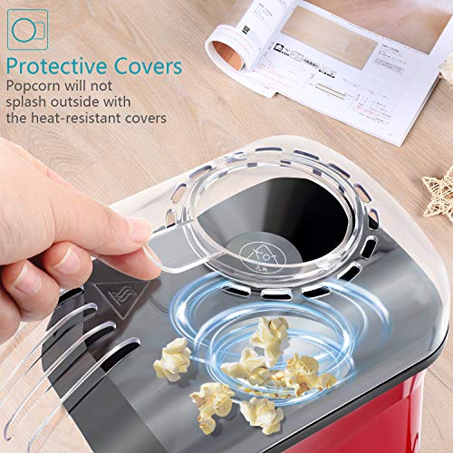 Hot Air Popcorn Poppers for Home, 1200W Popcorn Maker Machine for Healthy Snack, No Oil Needed (Red)