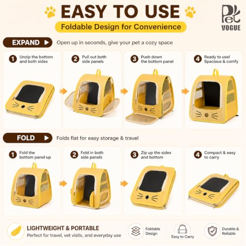 Image of PetVogue Foldable Cat Carrier Backpack, Breathable Portable Pet Travel Bag with Transparent Window, Mesh Ventilation, Soft Comfortable Backpack for Cats & Small Dogs, Yellow
