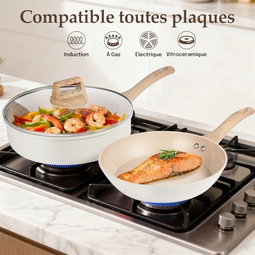 Batterie de cuisine 11 pièces en céramique antiadhésive couleur crème - Set casseroles et poêles compatible tout feux dont induction – Image 6