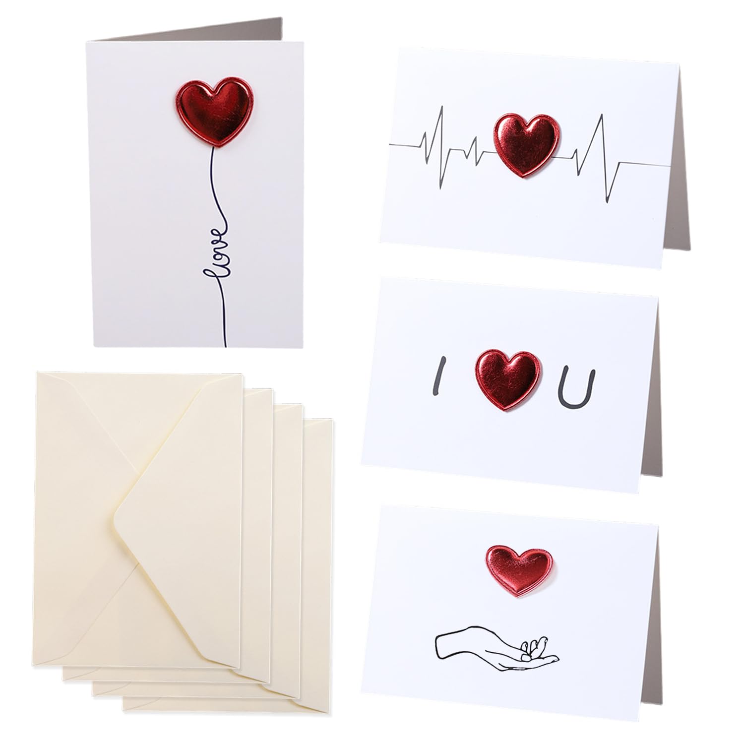 Xmnivate White 4 Envelopes, 4 Red Love Greeting Cards, Valentine's Day Greeting Cards, Blessings And Thank You Messages, Suitable For Anniversaries And Weddings.