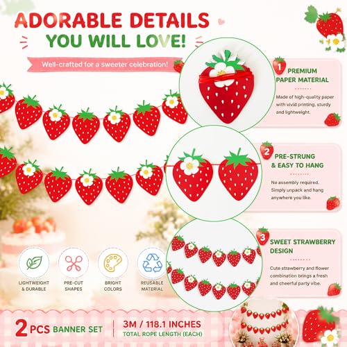 Image of Strawberry Garland Banner Strawberry Party Decorations | Strawberry Birthday Banner, Fruit Theme Baby Shower Wedding Party Supplies, Tropical Photo Props, Home Classroom Decor