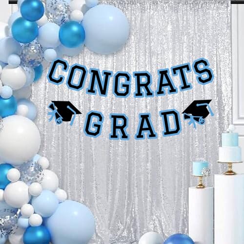 Image of Congrats Grad Banner Graduation Party Banner Decoration Hanging Garland High School College Backdrop Supplies Light Blue