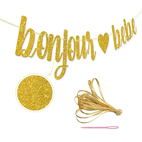 Gold Glitter Bonjour Bebe Banner, Baby Shower Party Decorations, Oh Baby, French Themed Birthday Party Decoration Supplies #TOP2