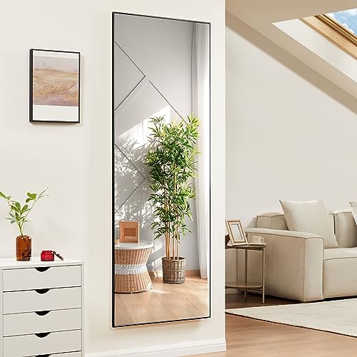 Sweetcrispy 64"x21" Full Length Mirror Floor Full Body Mirror with Stand, Wall Mirror Aluminum Alloy Frame Standing Hanging or Leaning Against Wall, Black - Thumbnail 3